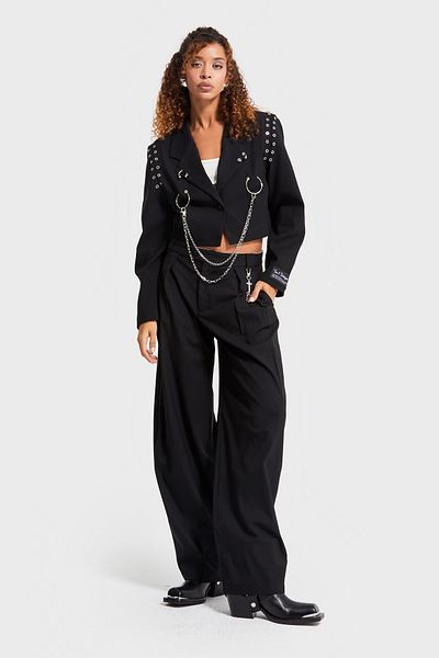 its basic Women's Black Color Accessory Detailed Loose Cut Woven Fabric Special Design Trousers