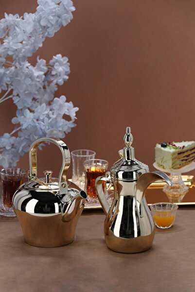 aljahwari طقم دلة وابريق ذهبي سادة وسط