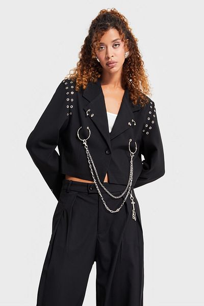 its basic Women's Black Color Bird's Eye Detailed Crop Fit Special Design Fabric Jacket