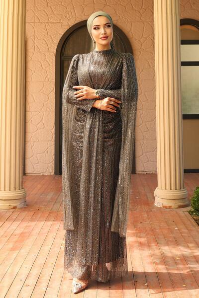 Olcay Elöl megkötős köpeny részletesen kidolgozott flitteres, flitteres hidzsáb estélyi ruha BARNA 1027