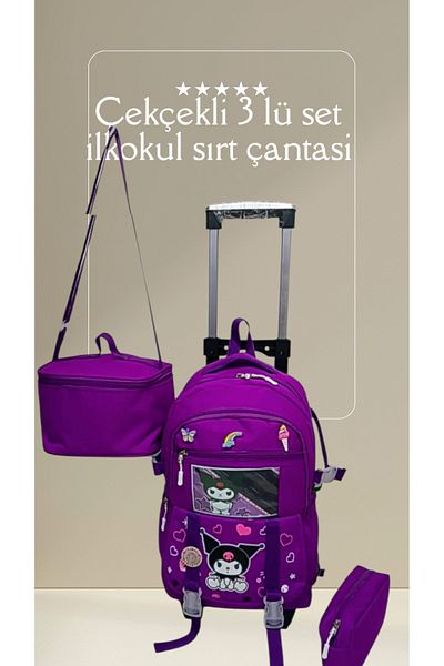 ROWAN ÇANTA 2-Stage Portable 3-Set Primary School Backpack with Wheels and Character Pattern