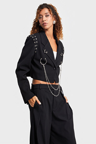 its basic Жіночий чорний колір з деталями у вигляді пташиного ока, кроп-фасон, спеціальний дизайн, тканинний піджак