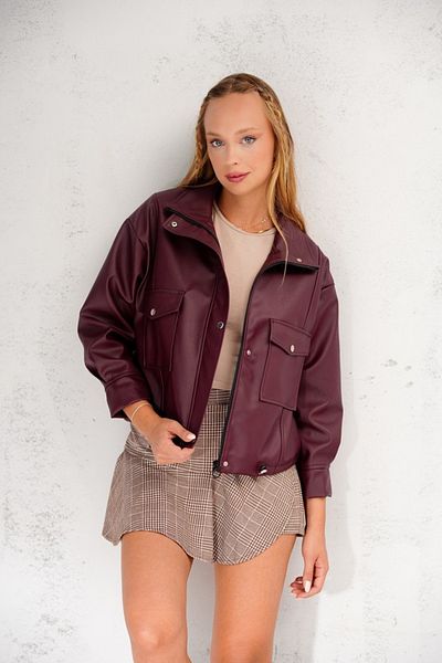 İLKCET MODA Oversize Pocket Burgundy Faux Leather Women's Zipper Jacket