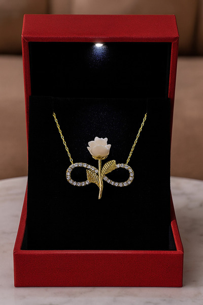 KAR DİAMOND 925 Ayar Gümüş Altın Kaplama Sonsuzluk Beyaz Gül Kolye - Zirkon T...