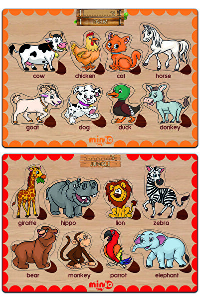 minİQ toys Ahşap Ingilizce Orman Ve Çiftlik Hayvanları 2’li Set Eğitici-öğret...