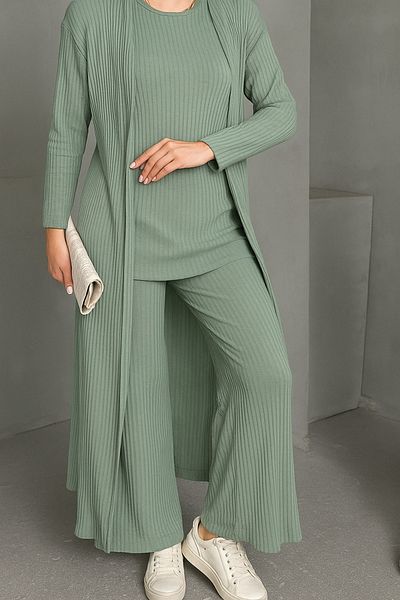 glanour Ribbed Blouse Pants Cardigan Triple Set