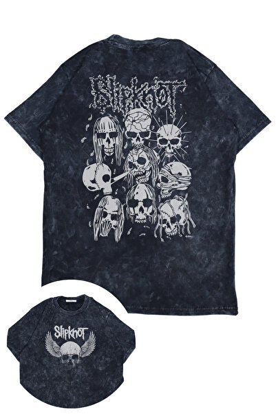 Fuddy Moda Unisex Slipknot Sırt Baskılı Yıkamalı Tişört, Oversize Rock-Metal Baskılı Eskitme T-Shirt