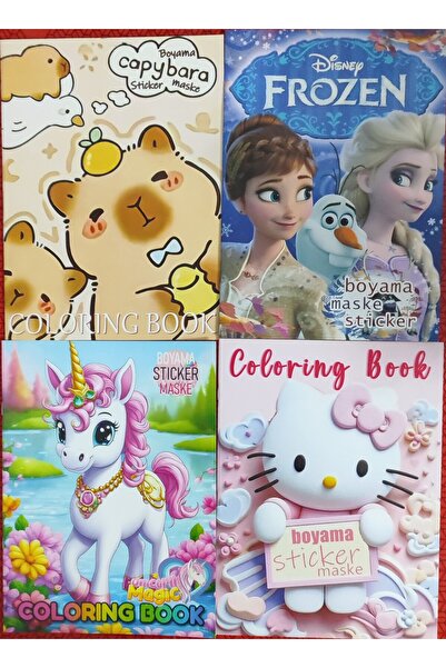 bundle island 4 adet stickerli boyama kitabı (hello kitty,elsa,capybara,unicorn figürlü)