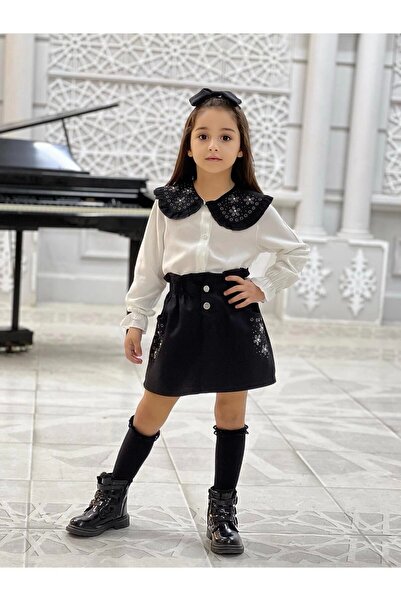 DUDOR KİDS Girl's Black Leather Skirt Ecru Blouse Top and Bottom Set-feastdress-23 Ni?san