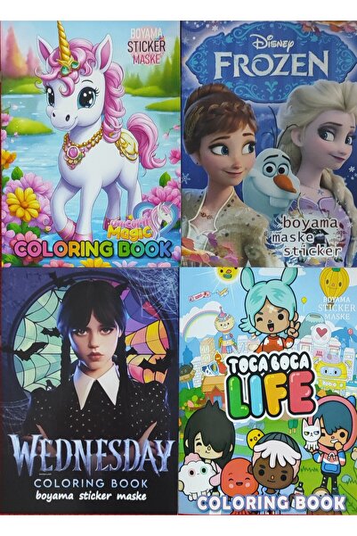bundle island 4 adet stickerli boyama kitabı (toca boca,elsa,wednesdayunicorn...