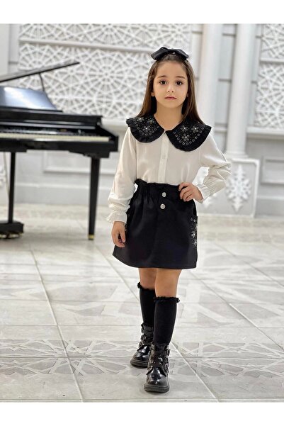 DUDOR KİDS Girl's Black Leather Skirt Ecru Blouse Top and Bottom Set-feastdress-23 Ni?san