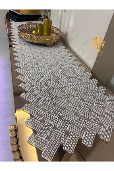 Tekstilsa Runner Salon Δωμάτιο Τραπεζάκι σαλονιού Σετ Τραπεζομάντηλο Γαλλικό Laced Σετ Προίκα ΛΕΥΚΟ 5 Τεμάχια