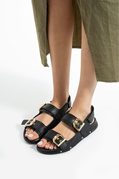 ModaAmour Γυναικεία Σανδάλια Amour Myles Μαύρα Αθλητικά με Χρυσή Θηλιά