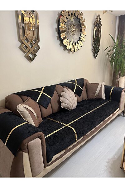 Tekstilsa Yeni Moda Lüks Kadife Süngelri Koltuk Çekyat Örtüsü (12PARÇE TAKIM 3,3,1,1) Siyah Rengi