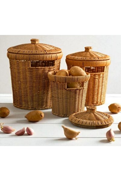 ALLEGRI Rattan Patates Soğan Saklama Sepeti Seti – Kapaklı, Doğal, Dekoratif,...