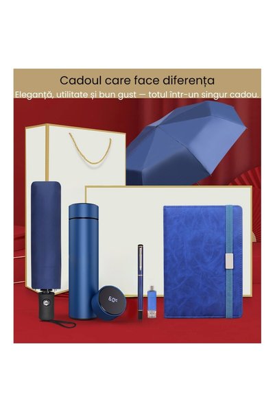 LEBLOU Set cadou premium business – agenda nedatata, pix metalic, termos cu afisaj digital, umbrela UV, USB