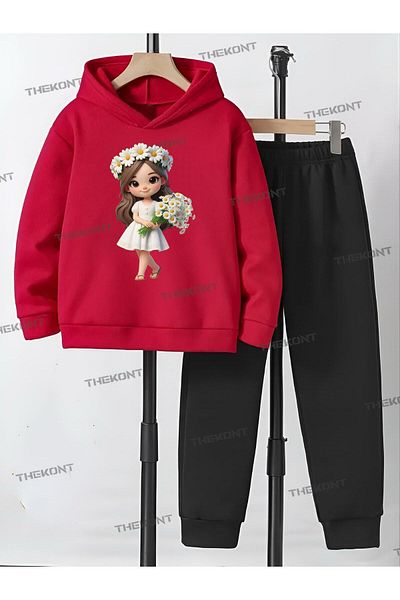 THEKONT Papatyali Girl's Printed Thick Cotton Hooded Children's Tracksuit Set