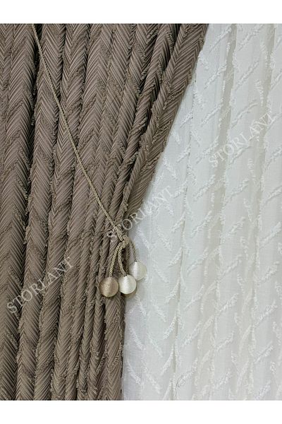 Storlant Puffy Herringbone Brown Patterned Linen Background Curtain L Product Frequently Pleated L Accessory Gifted L Single Wing
