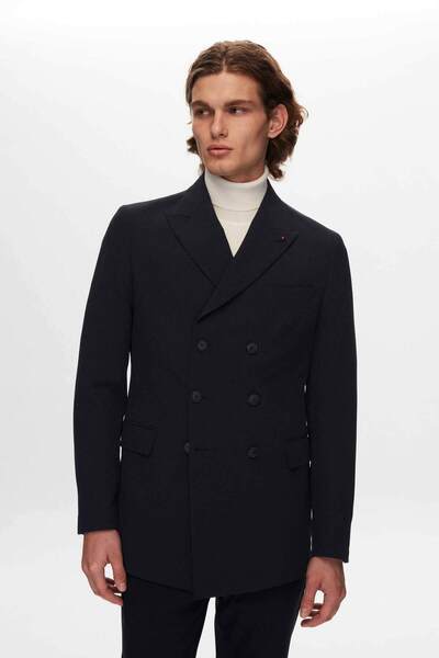 Tween Slim Fit Lacivert Armürlü Bi Stretch Kruvaze Kumaş Ceket