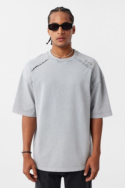VAMOSCLO Washed Collar Detailed Oversize T-Shirt Gray