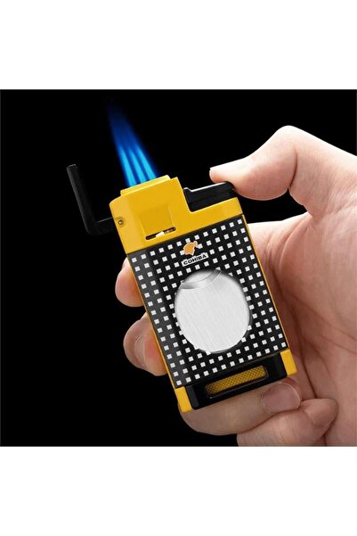 Genel Markalar 3 Jet Torch Alevli Sarı Puro Çakmağı Kesicili - CCM0650