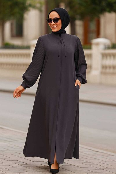 Neva Style Pile Detailed Smoked Hijab Abaya 45296Fu