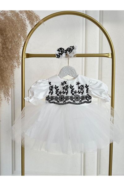 Hobidik Baby Kids Off White Black Scallop Balloon Sleeve Tutu Puffy Dress