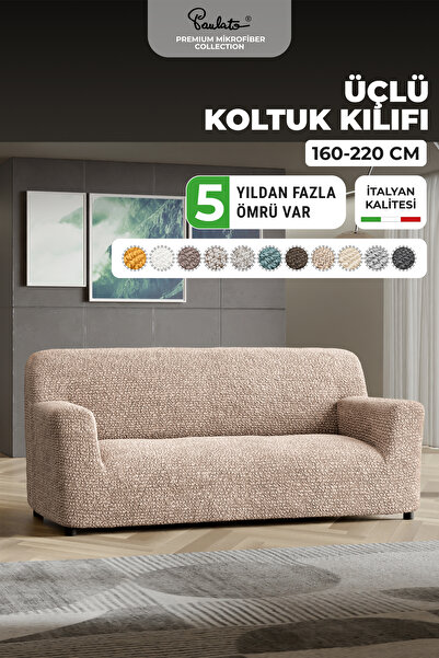 Paulato Lastikli Esnek Ve Yıkanabilir 3 Kişilik Koltuk Örtüsü Çekyat Kanepe Kılıfı - Düz Bej