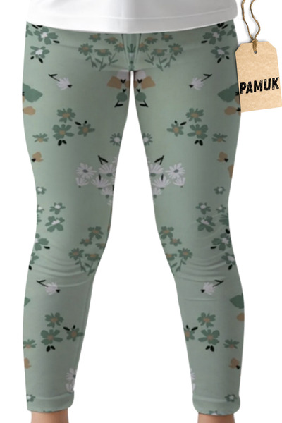 Dolce Destino Çocuk Tayt - Yeşil Çiçek Desenli Mevsimlik Likralı Pamuklu Kız Çocuk Tayt