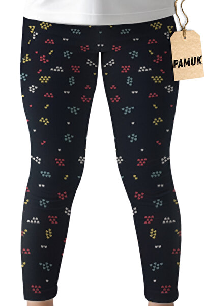 Dolce Destino Çocuk Tayt - Siyah Küçük Kalpler Desenli Mevsimlik Likralı Pamuklu Kız Çocuk Tayt