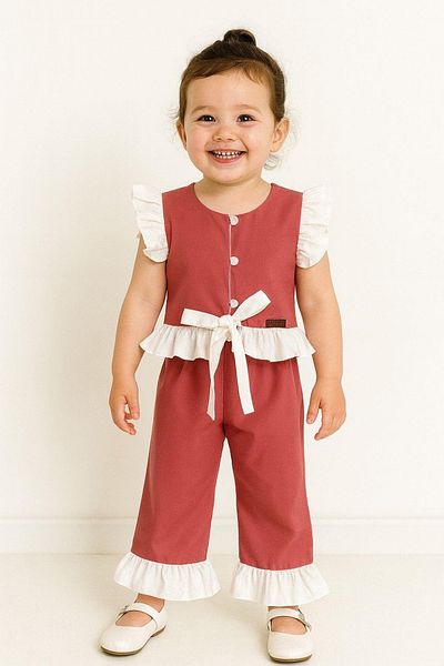 Hobidik Girls' Brick Cotton Poplin Button Bow Tie-Up Bottom Top Set