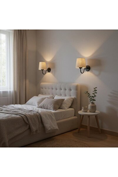 Ömür Avize (2 ADET) Leon Modern Siyah Gövde Çuval Kumaş Abajurlu Aplik