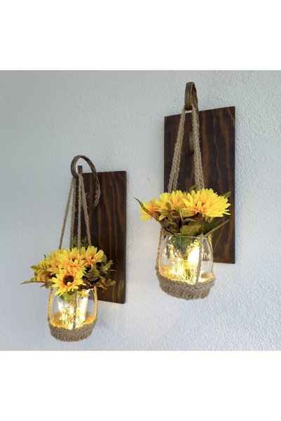 STDEKOR Wall Decoration, LED Light, Yellow Daisy Flower, Walnut Sconce Set of Two