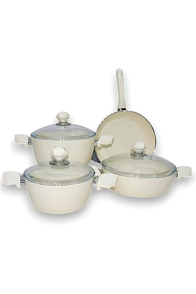 Al Nokhba Al-Nokhba Ceramic Cookware Set 7pcs - Non-Stick, Oven-Safe, (BEIGE) Made in Türkiye