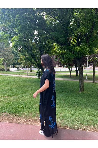 Sobe Hediyelik Blue Sailor Patterned Black Casual Kimono Kaftan – Standard Size