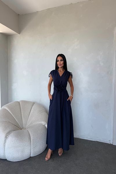 LİLA İSTANBUL V-Neck Shoulder Gathered Rose Detailed Summer Dress