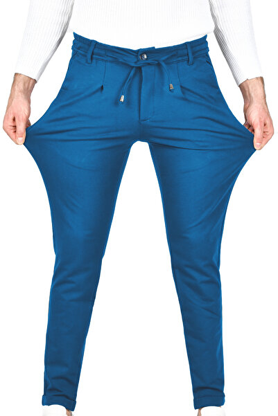 DeepSEA Men's Blue Elastic Waist Slim Fit Lycra Double Leg Combed Cotton Sports Trousers 2502385