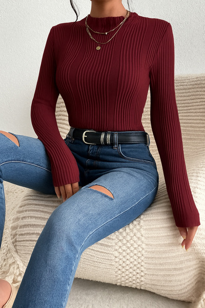 Wild Flower Burgundy Women's Textured Elastane Ruffled Round Neck Long Sleeve T-Shirt