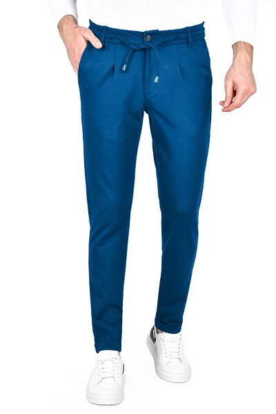 DeepSEA Men's Blue Elastic Waist Slim Fit Lycra Double Leg Combed Cotton Sports Trousers 2502385