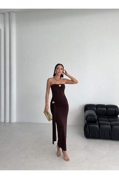 aytenli Strapless Chest Waist Cuffed Gold Accessories Side Slit Side Gathered Detail Maxi Dress