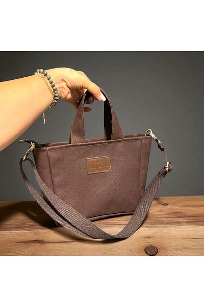 Nuggita Mini Size Zippered Cotton Canvas Bitter Coffee Handbag / Cross Strap