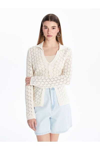 LC Waikiki Xside Beige Polo Neck Openwork Women's Knitwear Cardigan