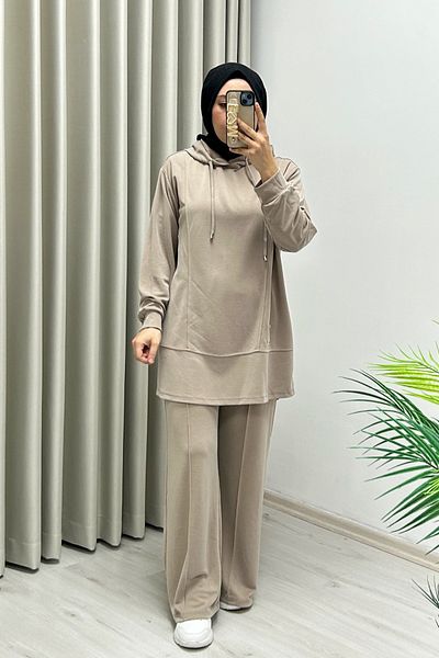 TRİPEN Summer Honeycomb Fabric Stitching Detailed Hooded Double Hijab Suit
