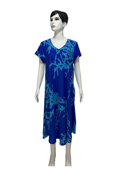 Sobe Hediyelik Blue Coral Patterned V-Neck Casual Summer Dress – Asymmetric Cut 38-50 Size Compatible