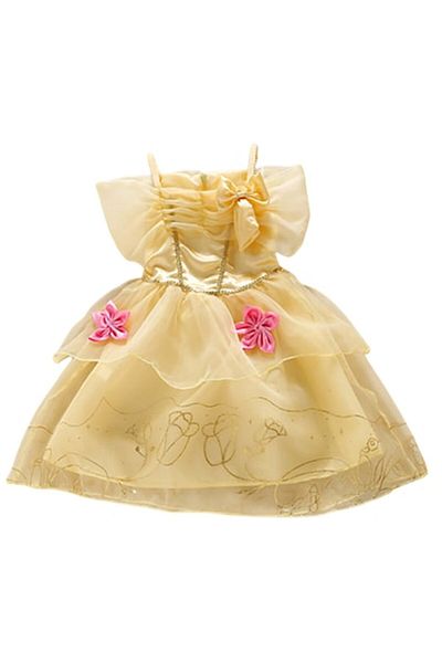 Mixbo Rochie fetite pentru carnaval cu sclipici auriu si brosa Mixbo, funda si flori, Printesa, satin/tul,