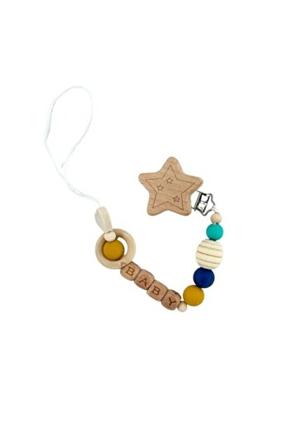 Mixbo Lanț personalizat pentru suzetă Mixbo, lemn, model stea, galben