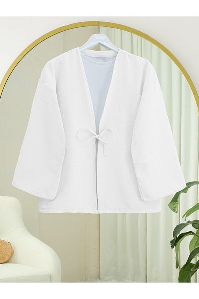 Modamorfo Lace-Up Front Poplin Kimono -White