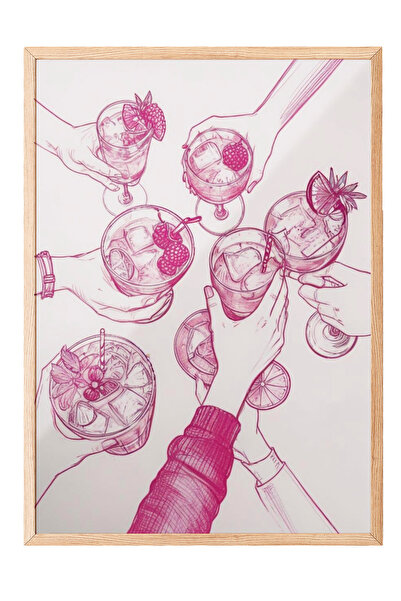 Zestia Tablou cu ramă din lemn, schiță cu fructe în tonuri de roz, poster dec...