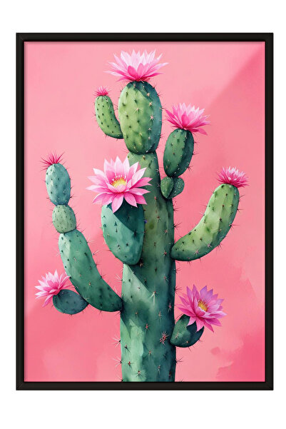 Zestia Tablou cu ramă neagră, Ilustrație minimalistă cu cactus roz, Poster de...