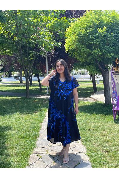 Sobe Hediyelik Black Blue Coral Patterned V-Neck Casual Summer Dress – Asymmetrical Cut 38-50 Size Compatible